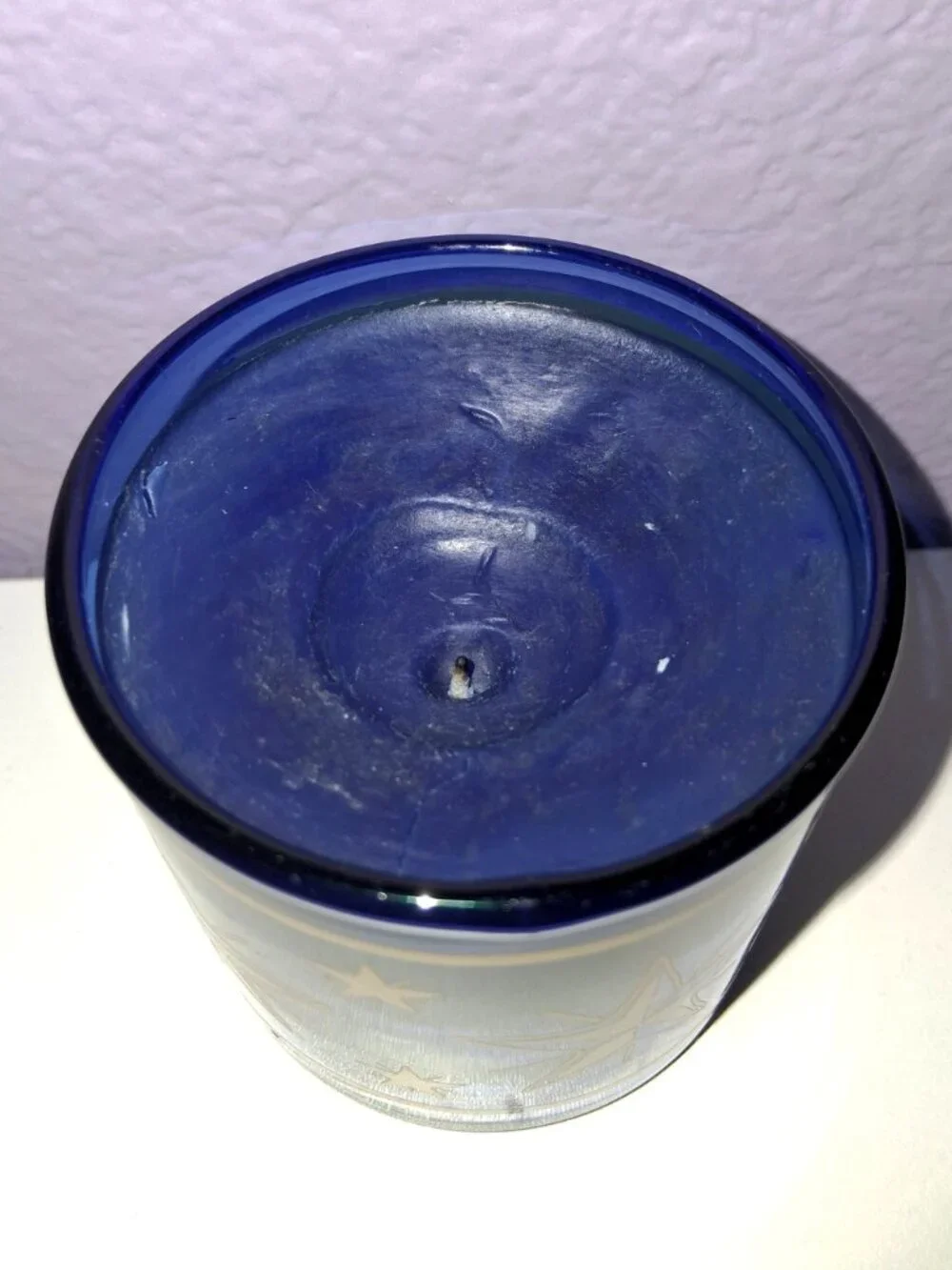 Vintage Celestial Stars Blue Glass Single Wick Candle Gold Yellow Goth Boho 90s